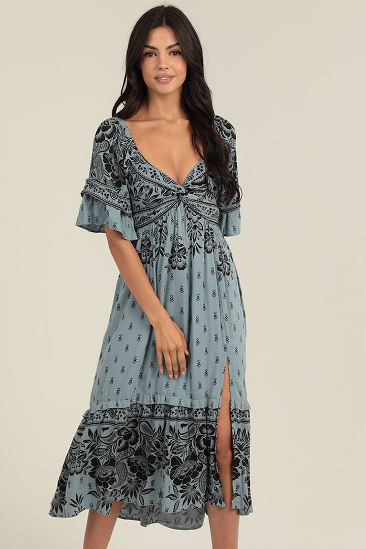 Angie Maxi Flare Sleeve Tiered Dress with Slit Green
