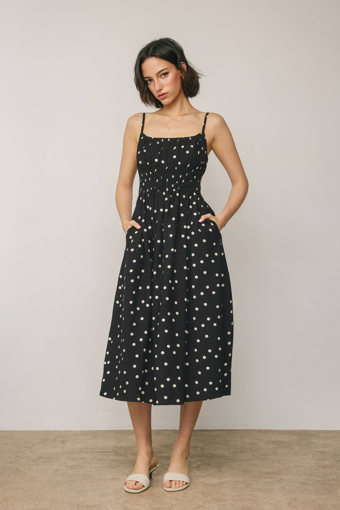 Dress Forum - Sunday Dot Shirred Waist Sleeveless Dress in Black 3
