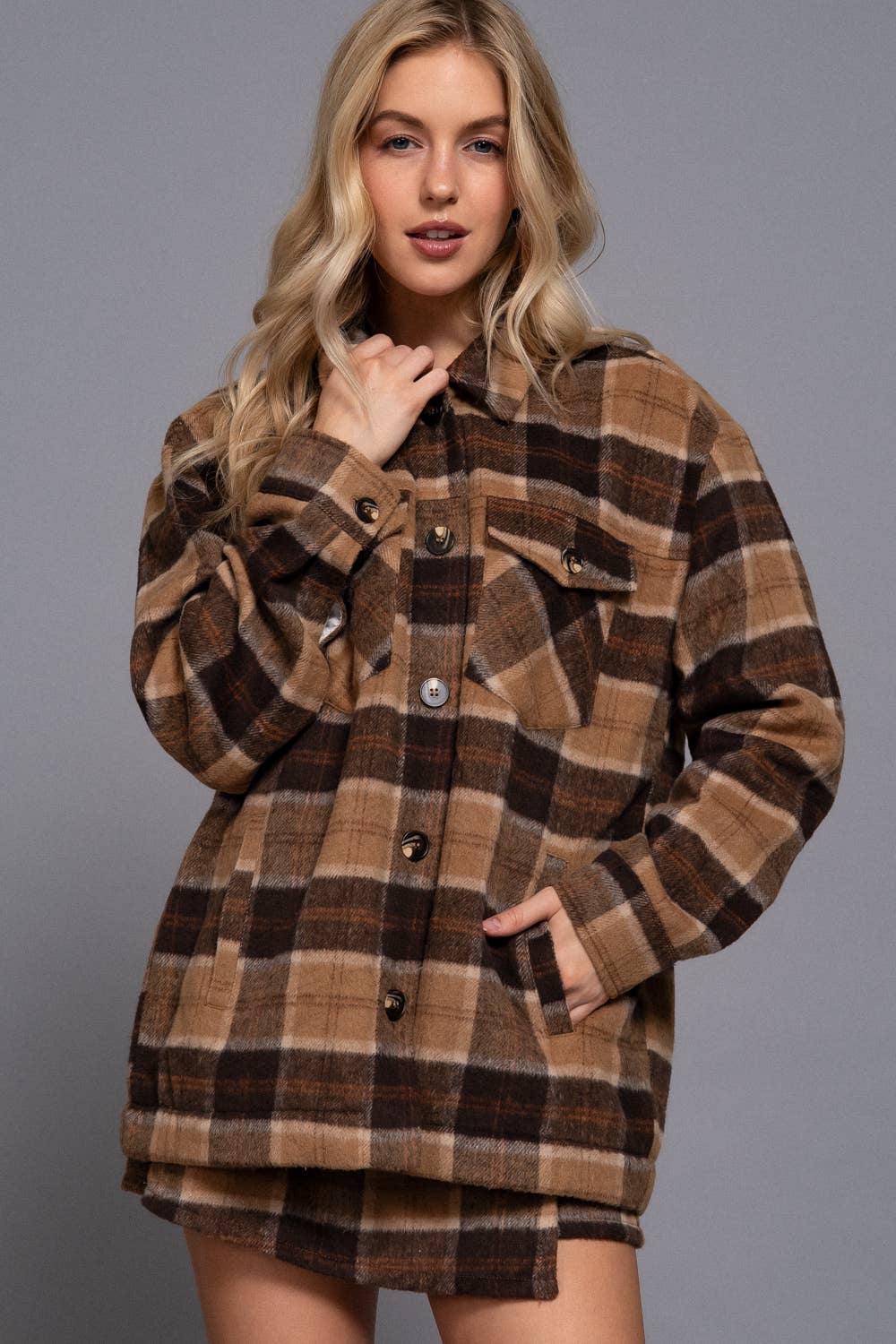 Inside Faux Fur Brushed Plaid Jacket Khaki/Brown  3