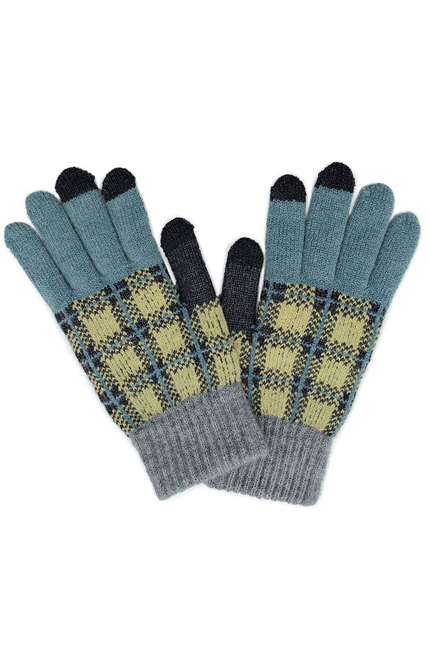 Plaid Knit Touch Gloves Turquoise