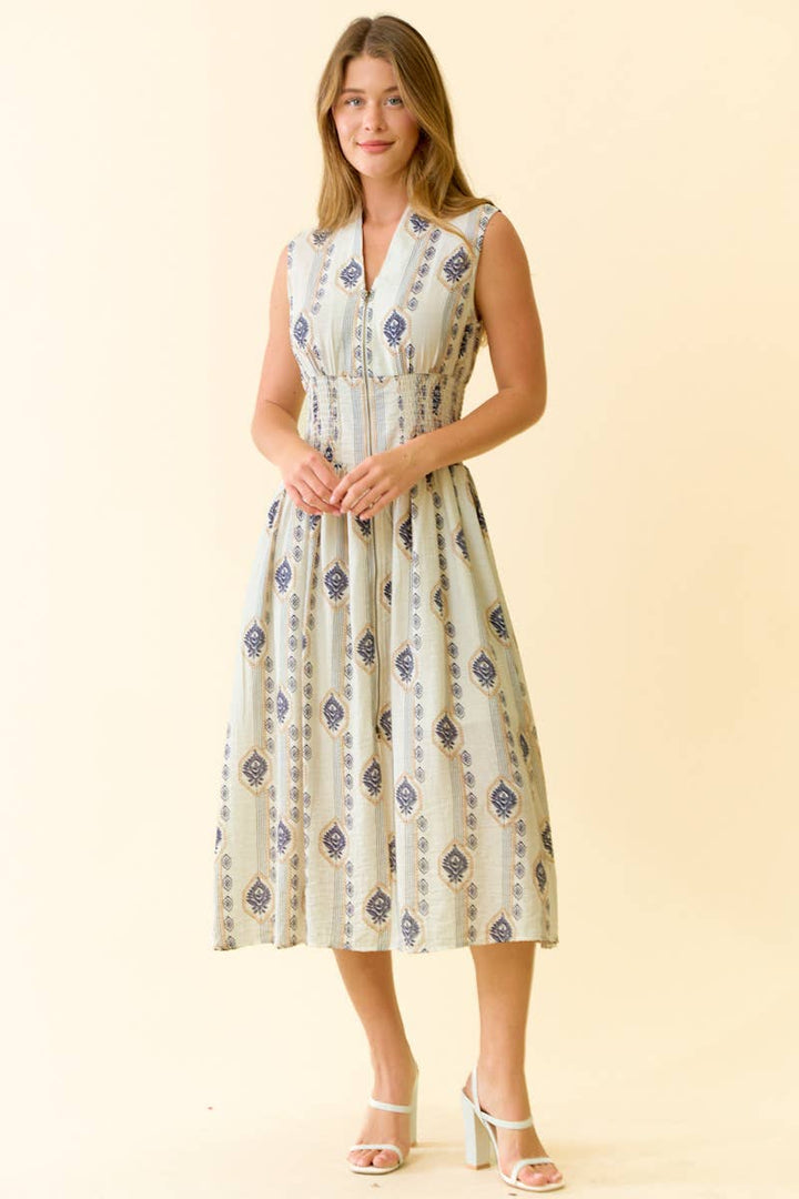 Doe and Rae Botanical Print Midi Dress in ecru 1
