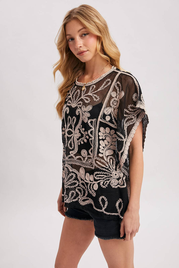Mesh Embroidered Crochet Top black 7