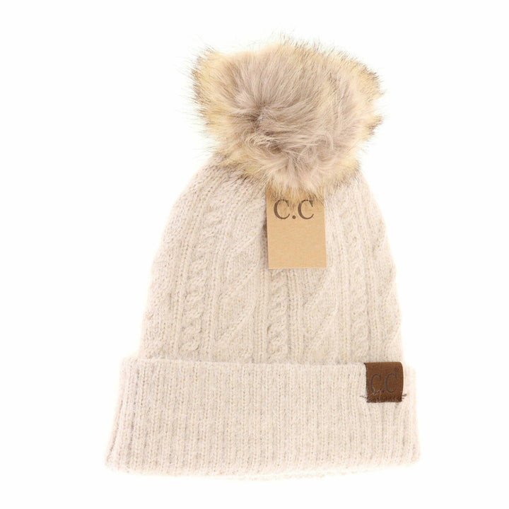 Soft Cuff Cable Knit Fur Pom C.C Beanie Beige