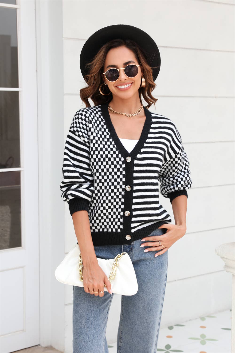 Striped and Checkered Knit Button Cardigan blk1