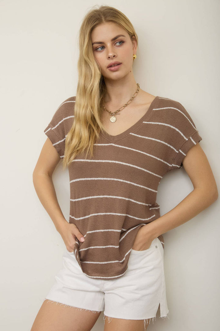 Blu Pepper - Stripe V-Neck Cuffed Short Sleeve Knit Top in Mocha 2
