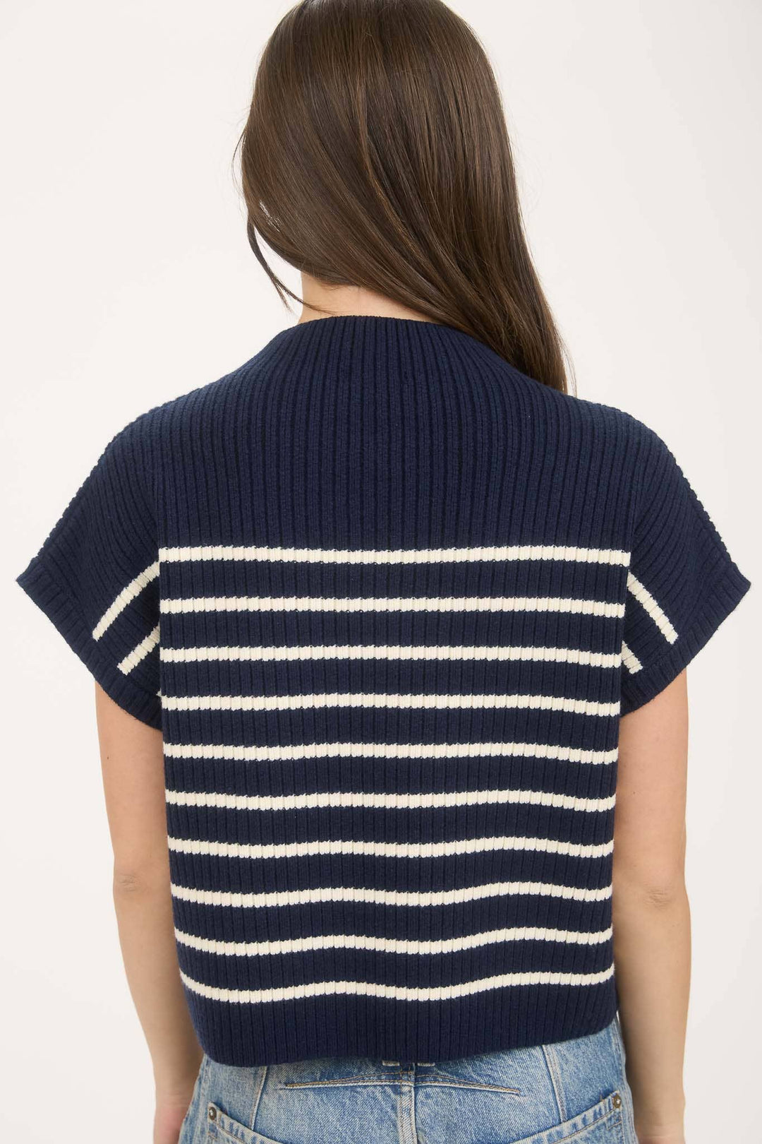 Stripe Mock Neck Short Sleeve Knit Sweater nvy