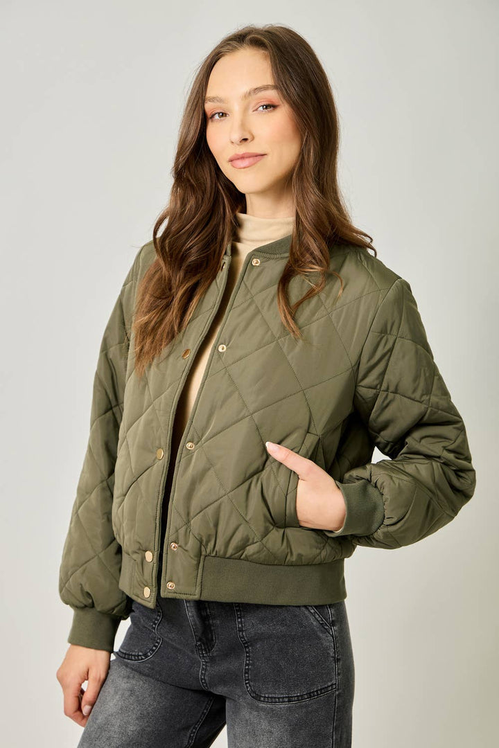 Mystree Olive Quilted Bomber Jacket Olive 3