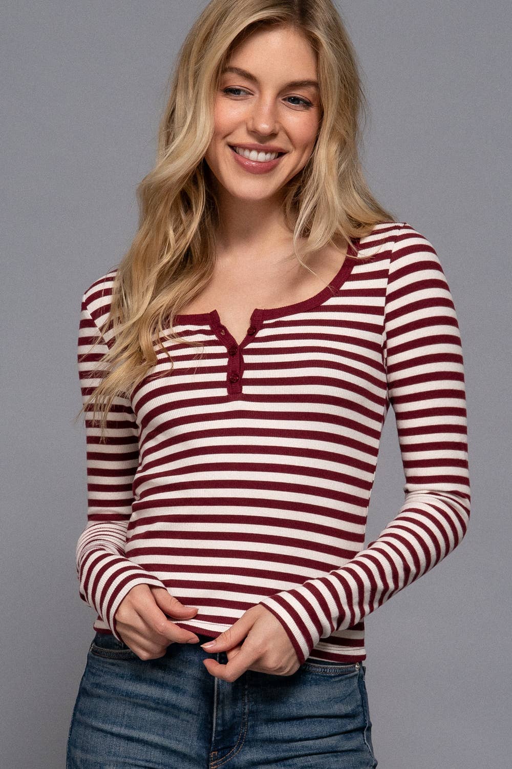 Active USA - Long Sleeve Henley Neck Stripe Brushed Rib Top in Burgundy 3