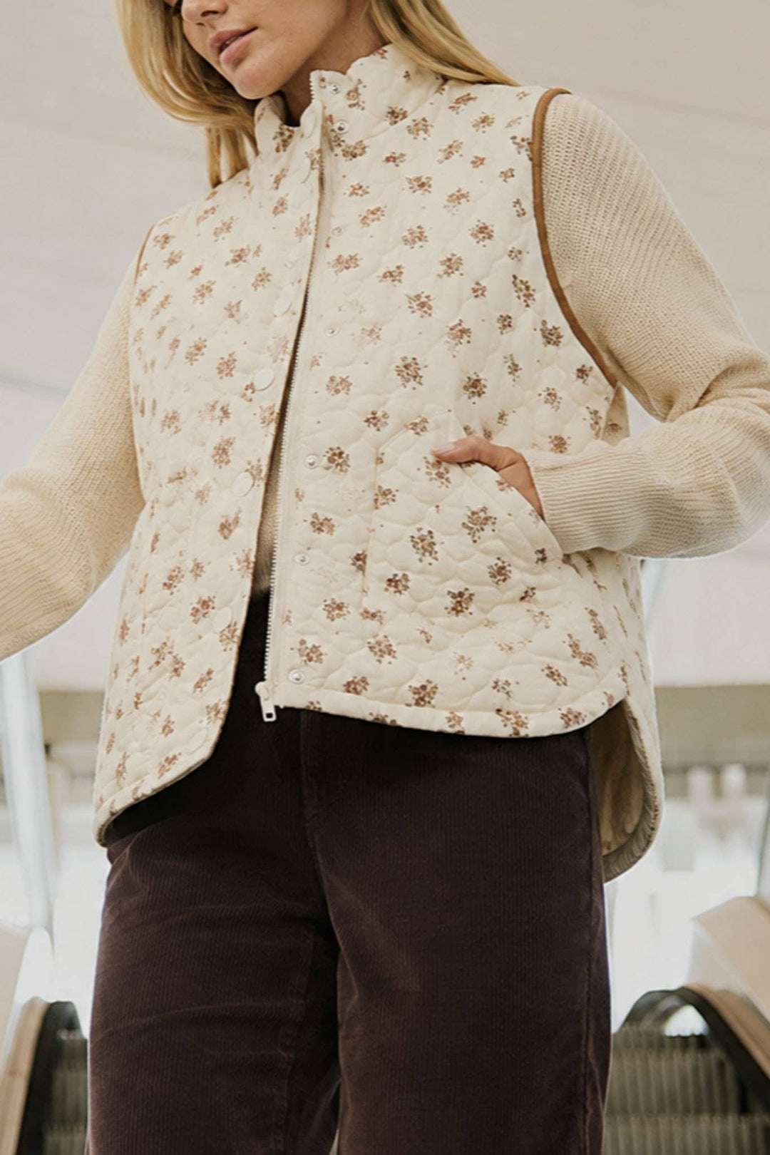 Blu Pepper - Cream Multi Floral Quilted Zip-Front Vest