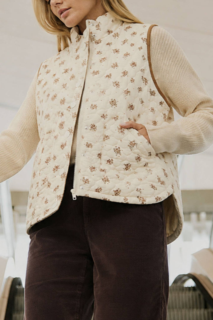 Blu Pepper - Cream Multi Floral Quilted Zip-Front Vest