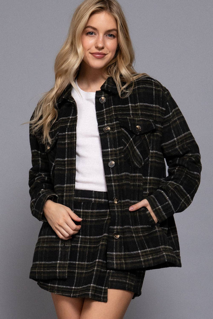 Inside Faux Fur Brushed Plaid Jacket Black/Olive 