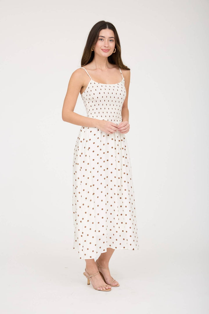 Blu Pepper - Polka Dot Smocked Basque Waist Midi Dress in White 3