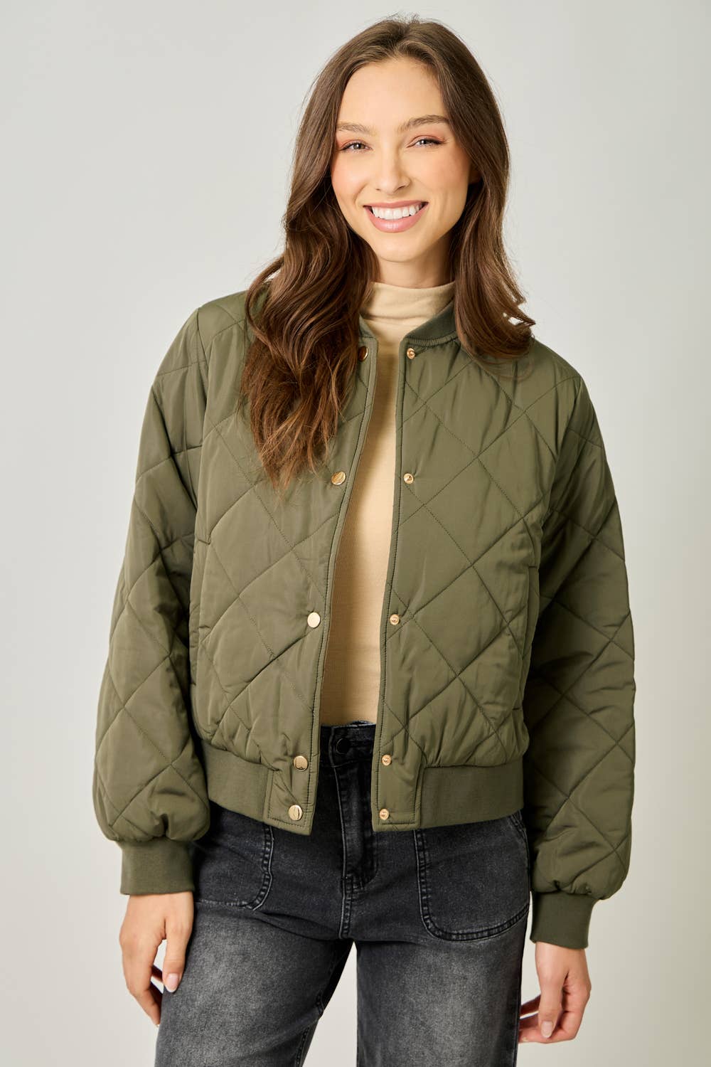 Mystree Olive Quilted Bomber Jacket Olive 1