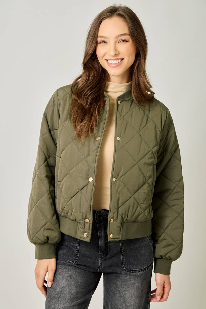 Mystree Olive Quilted Bomber Jacket Olive 1