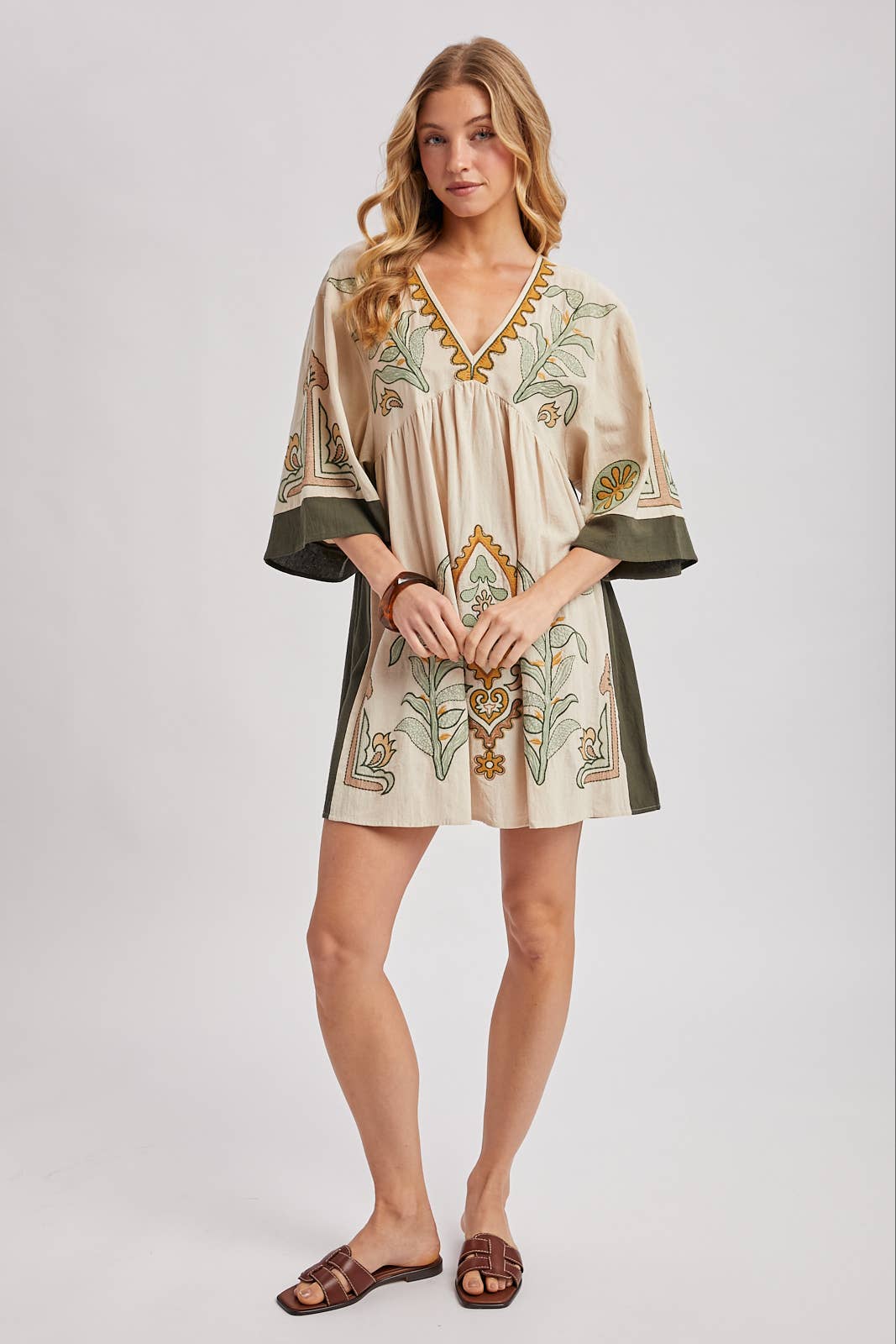 Bluivy Boho Embroidered Babydoll Dress - Sage