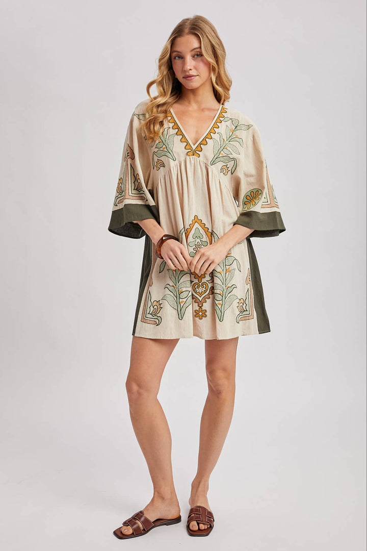 Bluivy Boho Embroidered Babydoll Dress - Sage