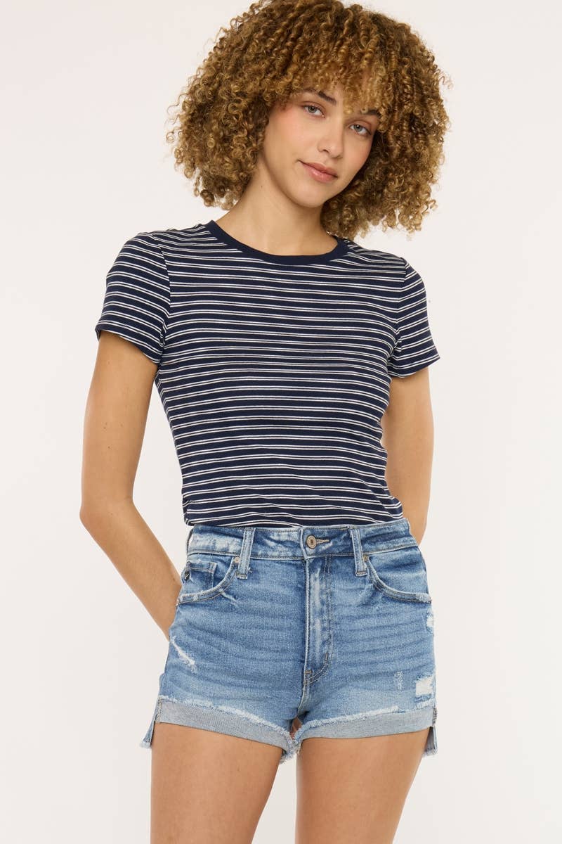 Kan Can USA High Rise Cuff Denim Shorts  in Medium Wash