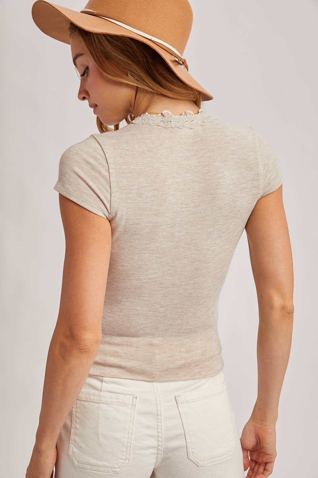 Bluivy - Lace Trimmed Lettuce-Edge Hem Knit Top oatmeal back