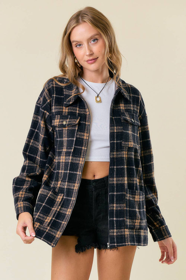 Brushed Plaid Oversized Zip Up Jacket black