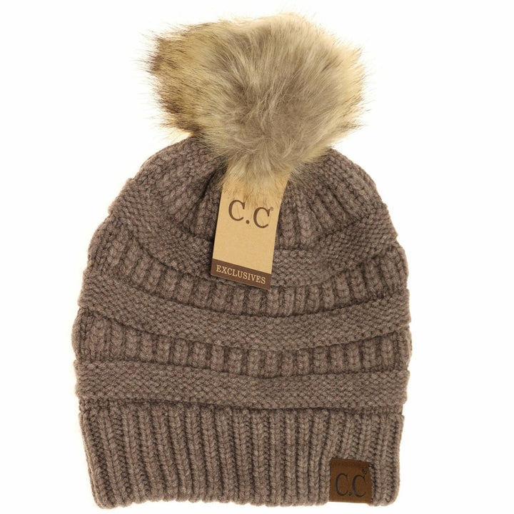 Mixed Soft Yarn Natural Pom Beanie Taupe