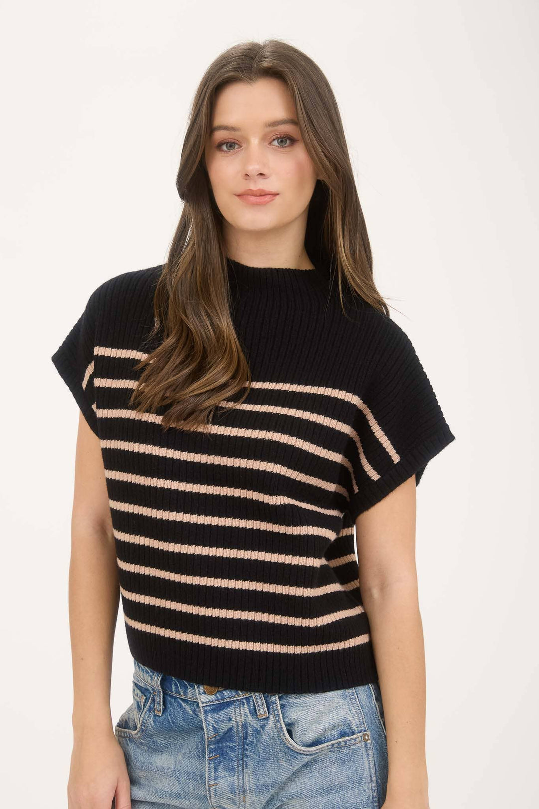 Stripe Mock Neck Short Sleeve Knit Sweater2