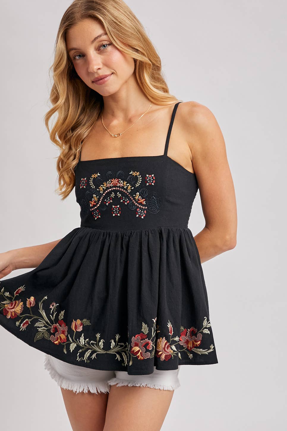 Bluivy - Floral Embroidered Sleeveless Peplum Top black