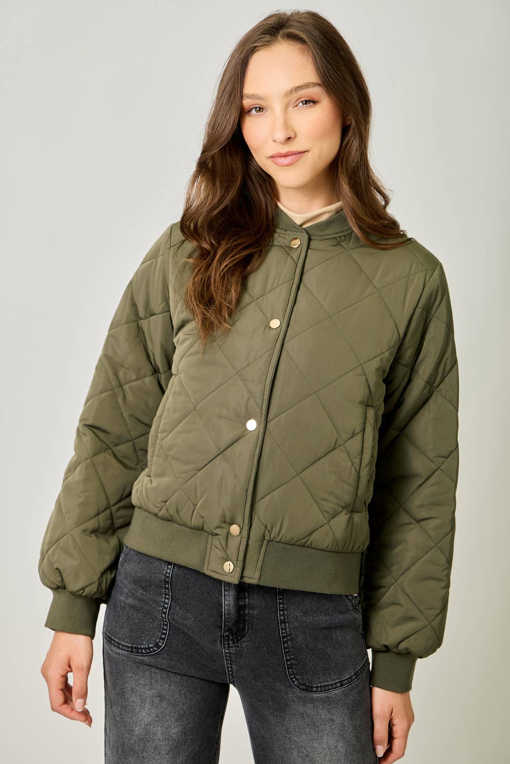 Mystree Olive Quilted Bomber Jacket Olive 2