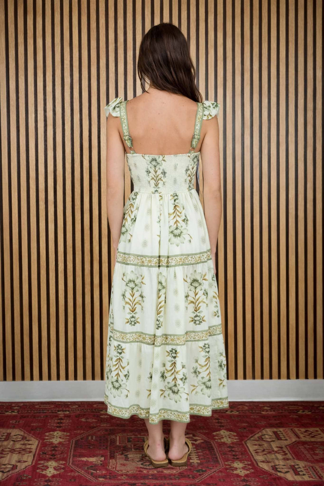 Blu Pepper Abstract Floral Ruffle Strap Tiered Midi Dress in Olive back