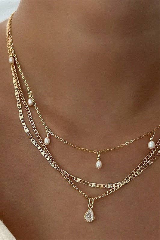 Multi-Layer Pearl &amp; Stone Chain Teardrop Charm Necklace – Gold Plated | JOSSLYN