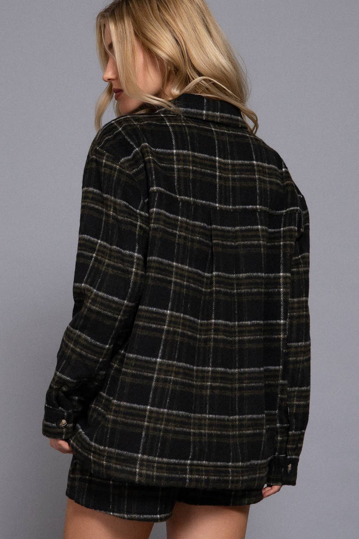 Inside Faux Fur Brushed Plaid Jacket Black/Olive 1 2