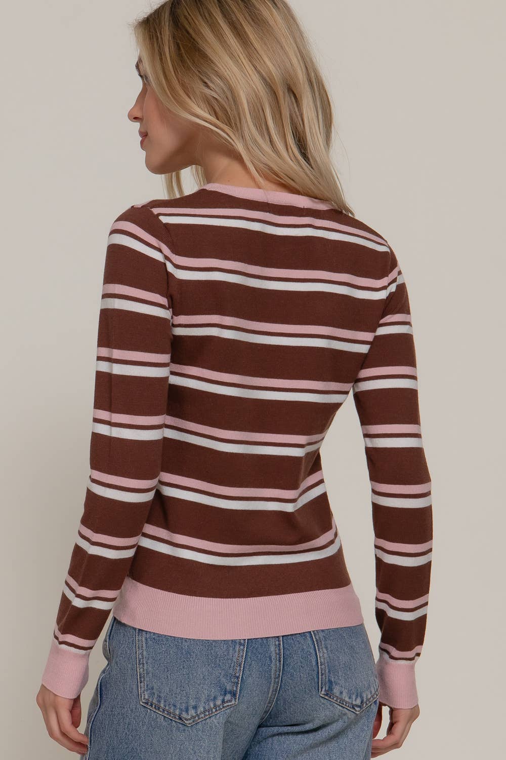 Active USA - Long Sleeve Round Neck Multi Stripe Sweater in Brown 1