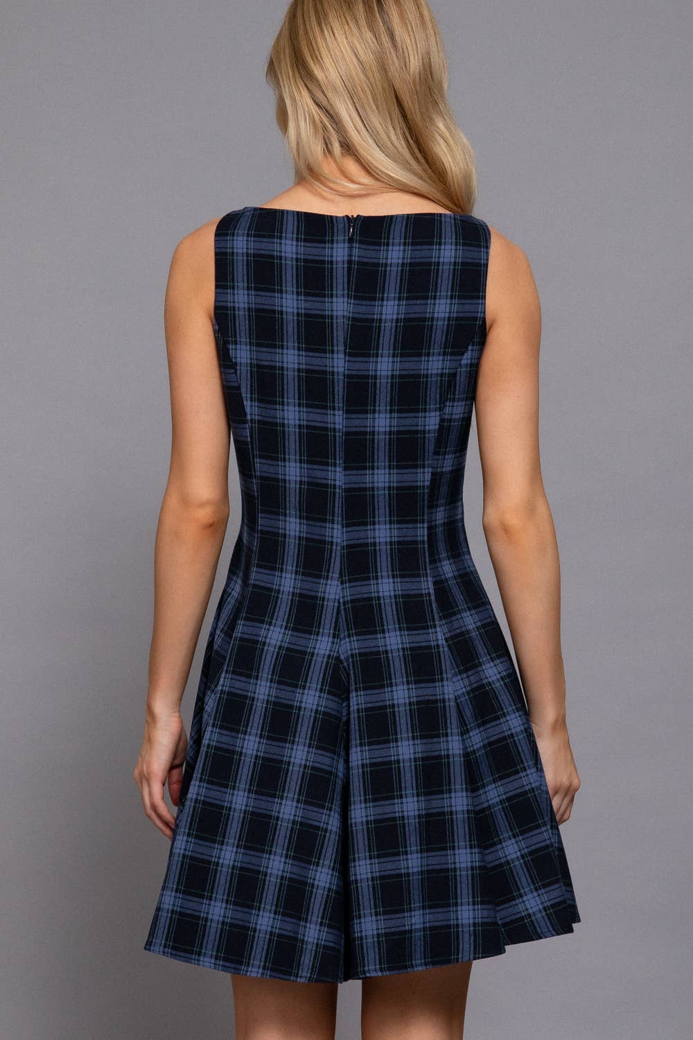Active USA - Sleeveless Boat Neck Swing Plaid Woven Mini Dress in Navy 1