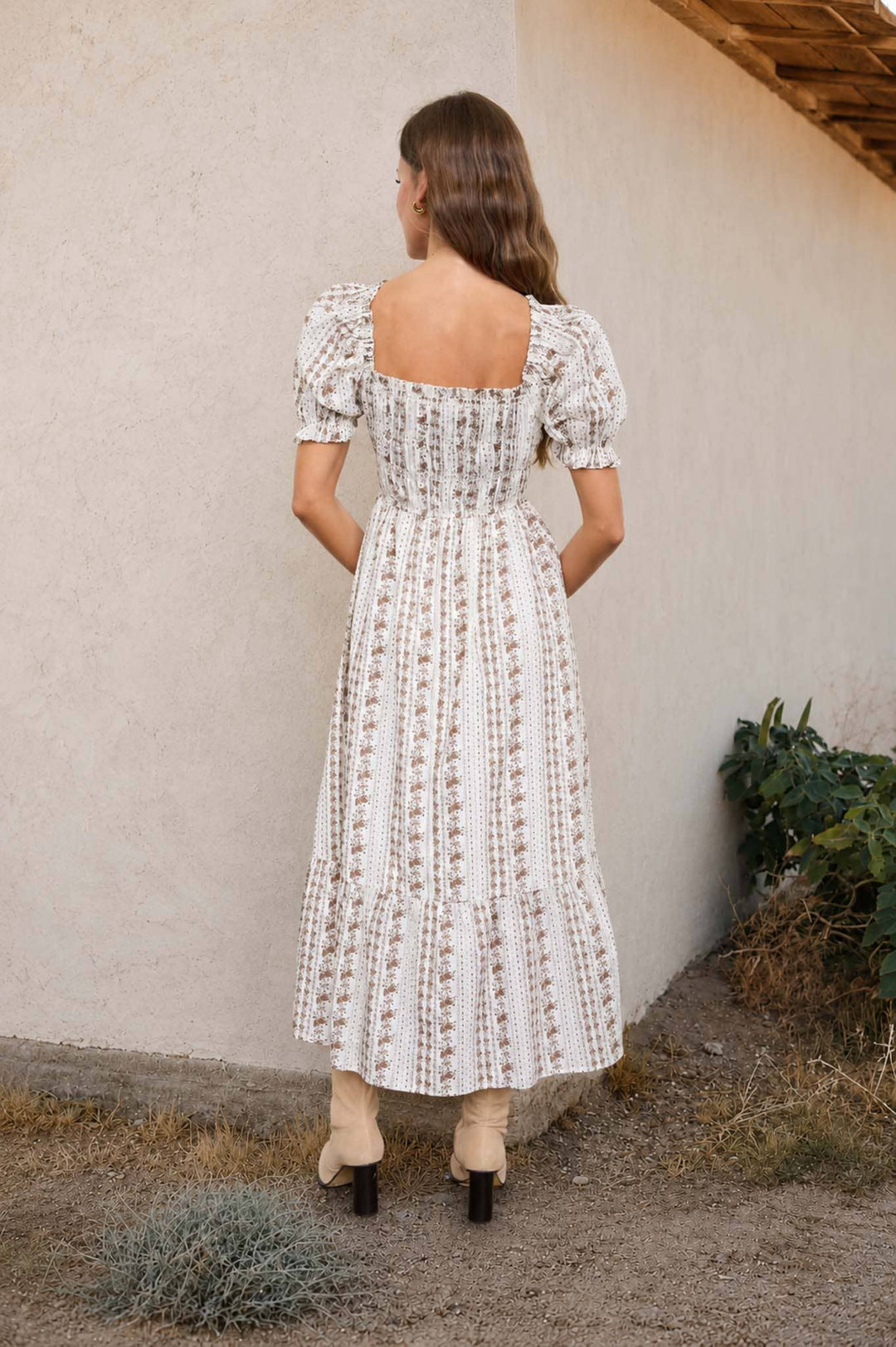 Blu Pepper - Floral Stripe Puff Sleeve Ruffled Midi Dress in Brown 1