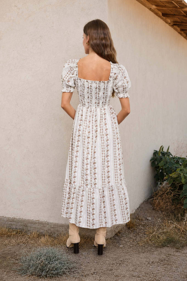 Blu Pepper - Floral Stripe Puff Sleeve Ruffled Midi Dress in Brown 1