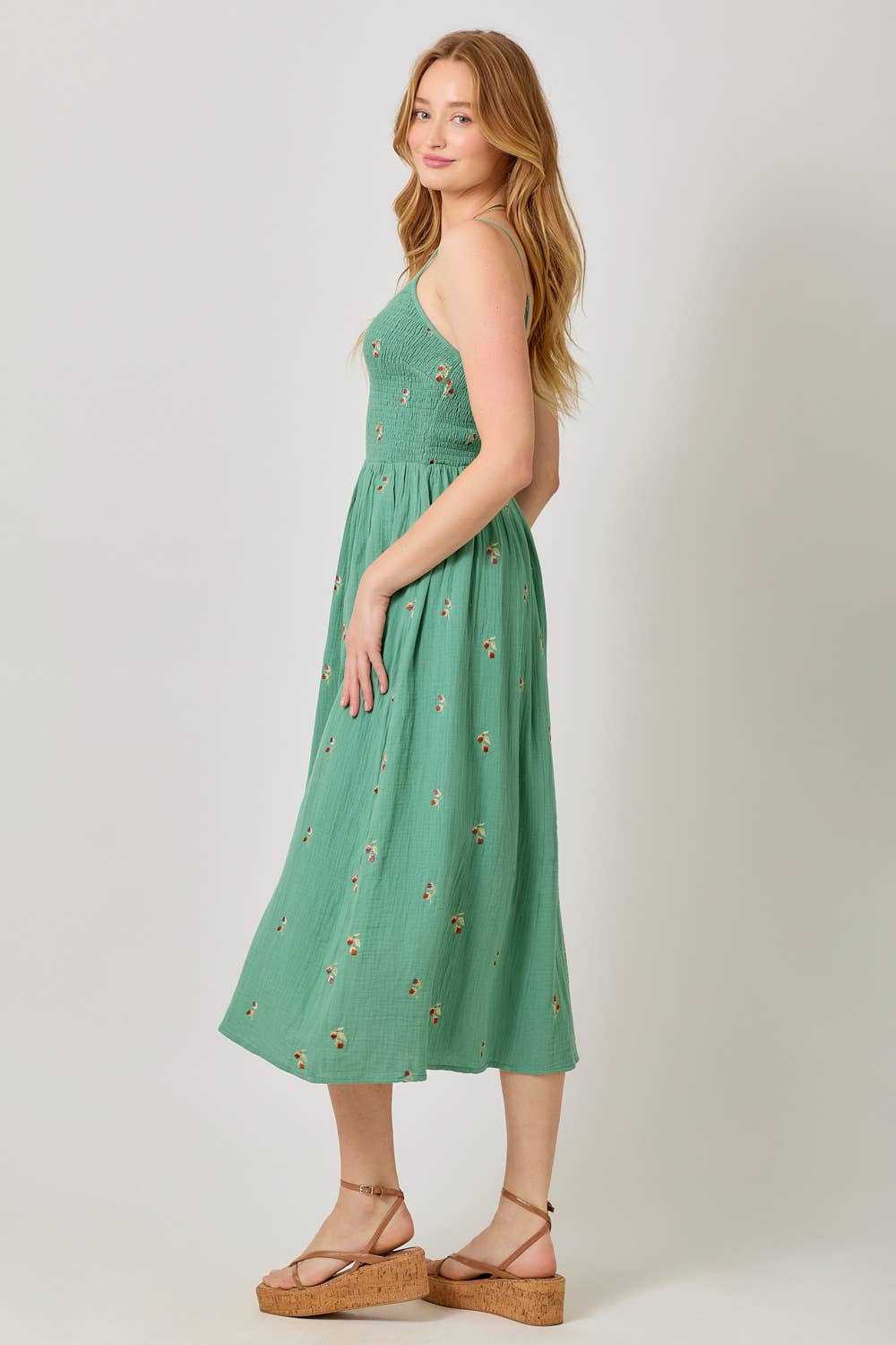 Mystree - Embroidered Double Gauze Smocked Dress in Emerald side