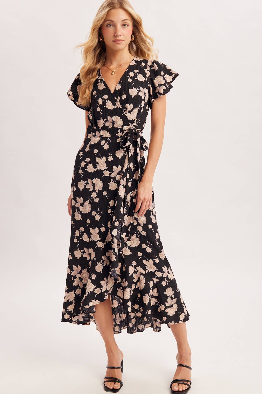 Bluivy Floral Ruffle Wrap Midi Dress in Black