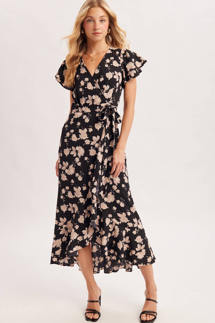 Bluivy Floral Ruffle Wrap Midi Dress in Black