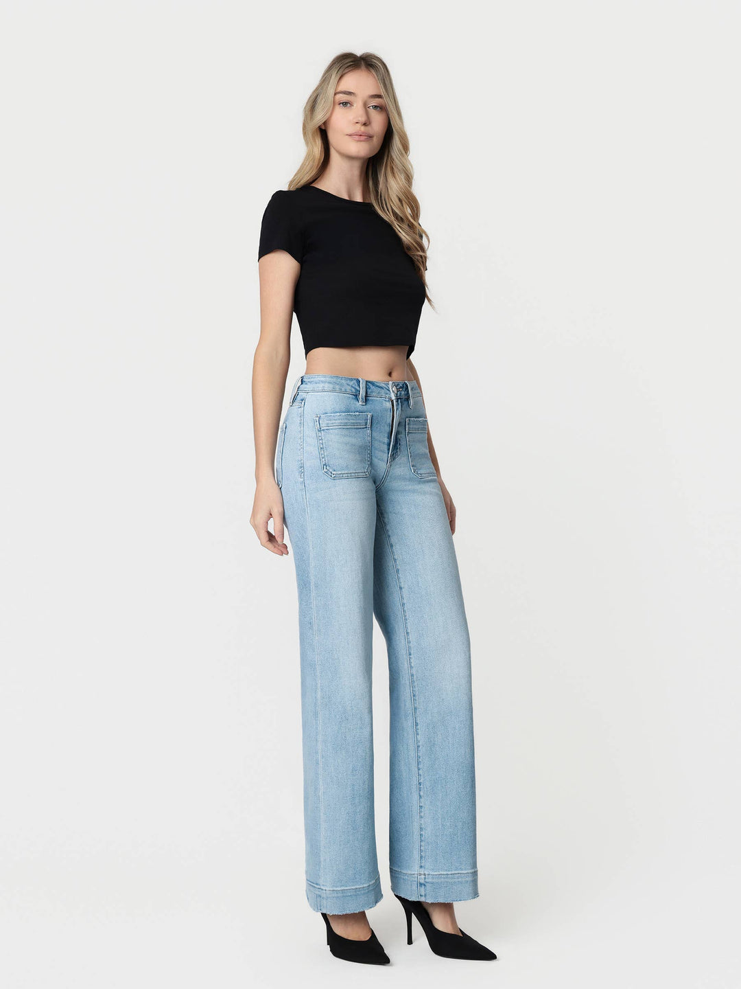 Flying Monkey High Rise Light Wash Trouser Hem Wide Jeans in Dignity 2