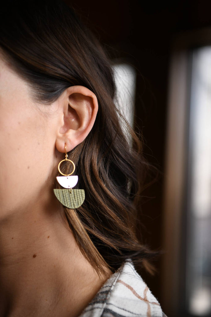 Cecelia Designs Jewelry - Flora Leather &amp; Gold Double Half Moon Earrings sage 1