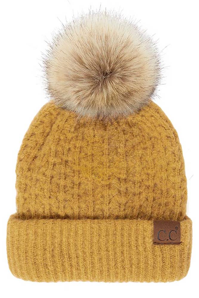Hana - C.C. Smocking-Stitch Cuffed Pom Beanie in Honey Mustard