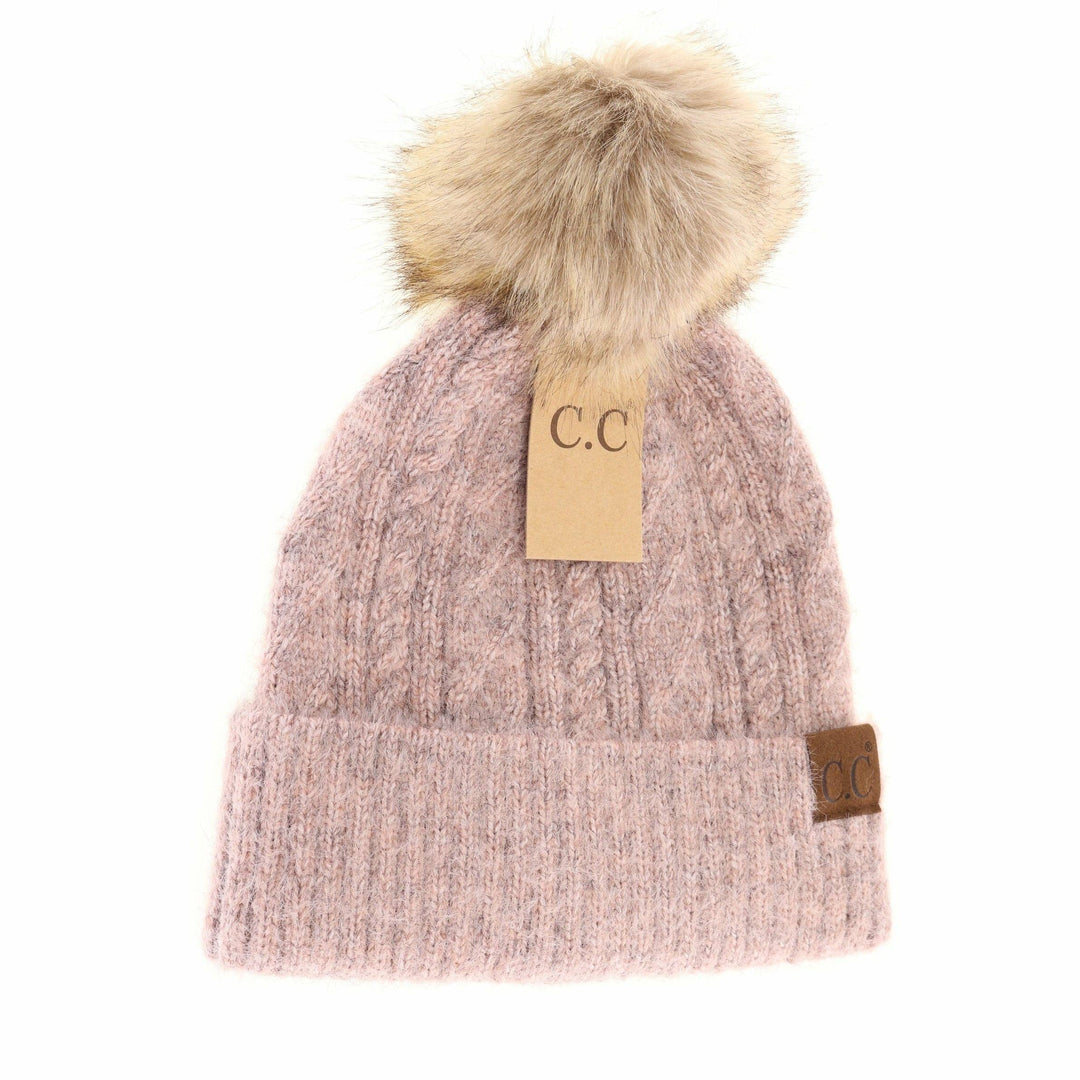Soft Cuff Cable Knit Fur Pom C.C Beanie Rose