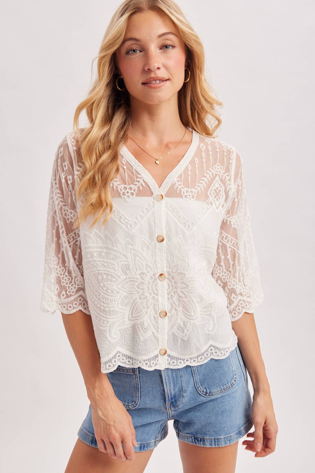 Bluivy Embroidered Mesh Button Down Blouse - Ivory