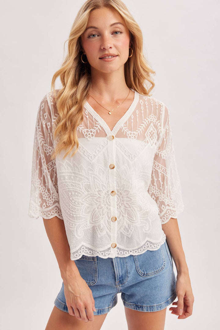 Bluivy Embroidered Mesh Button Down Blouse - Ivory