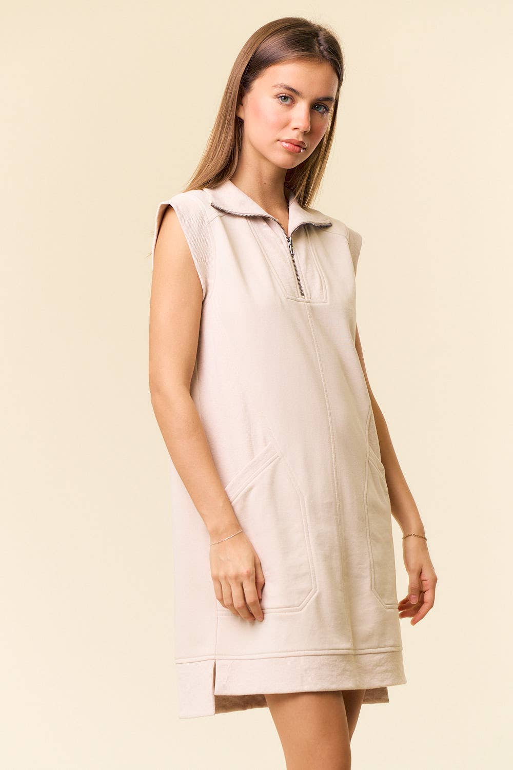 Doe and Rae Zip-Front Cap Sleeve Mini Dress in oat 2