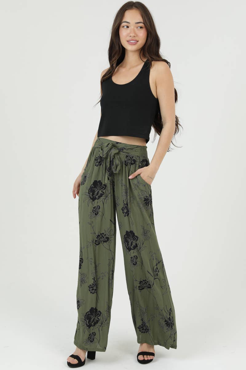  Angie Tie Waist Wide Leg Printed Pants in Olive 3