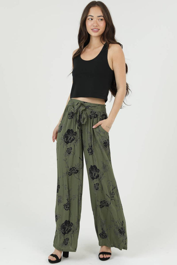  Angie Tie Waist Wide Leg Printed Pants in Olive 3