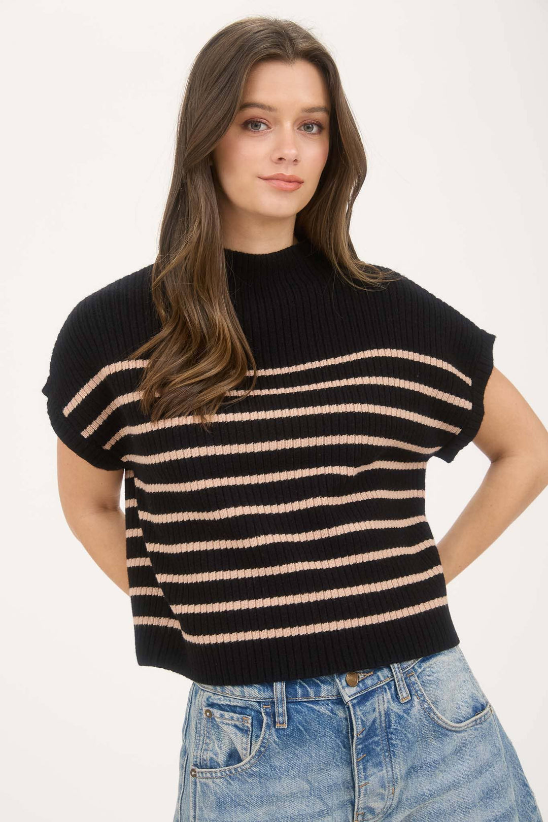 Stripe Mock Neck Short Sleeve Knit Sweater blk1