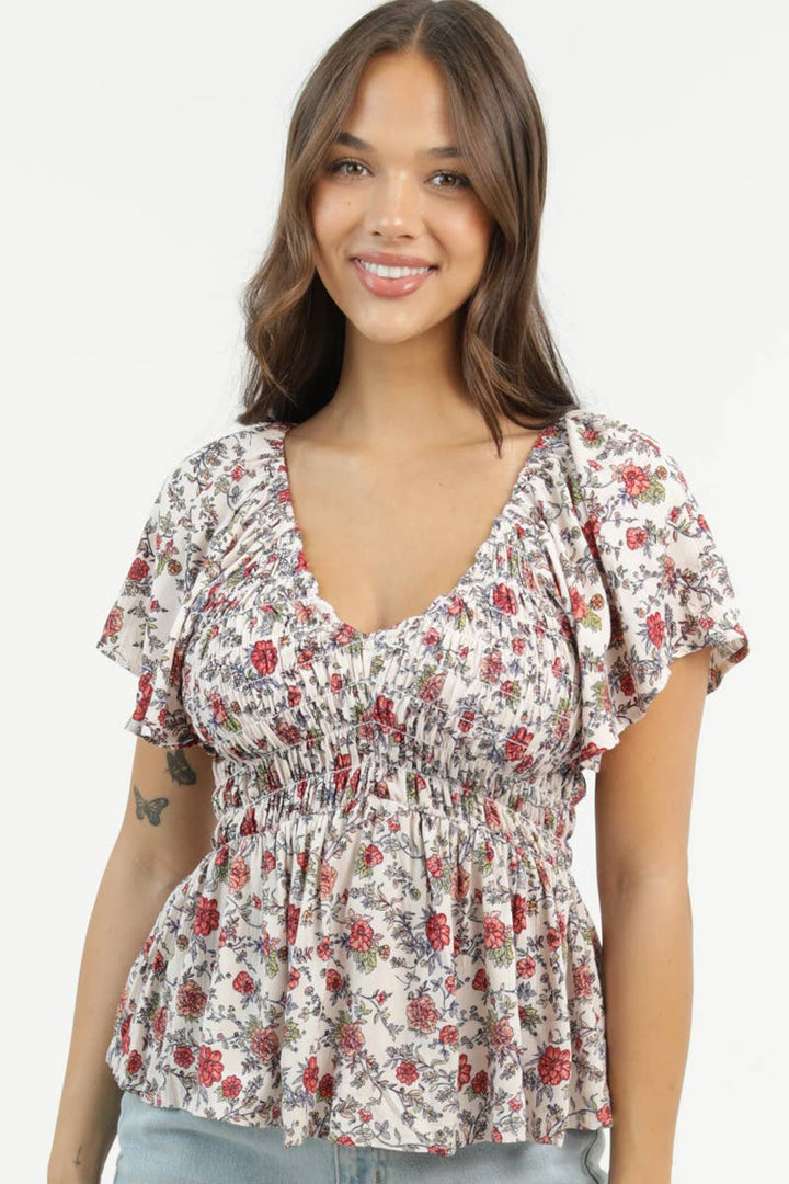 Angie V Neck Smocked Bust Short Sleeve Floral Print Top Ivory