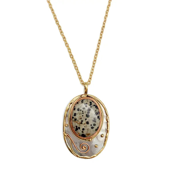 Mixed Metal and Dalmatian Jasper Stone Pendant with Chain