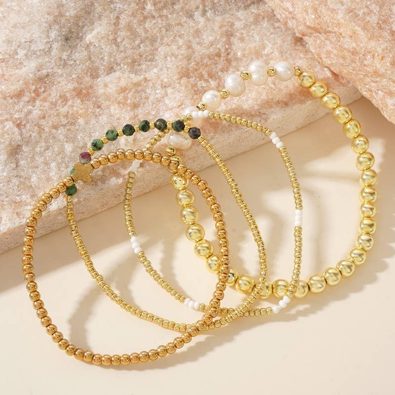 Multi Ball Pearl Chain Stretch Bracelet – Gold Plated | JOSSLYN in Jade